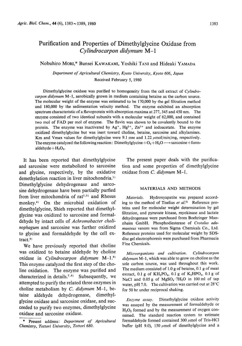 Purification and Properties of Dimethylglycine Oxidase from Cylindrocarpon Didymum M-1