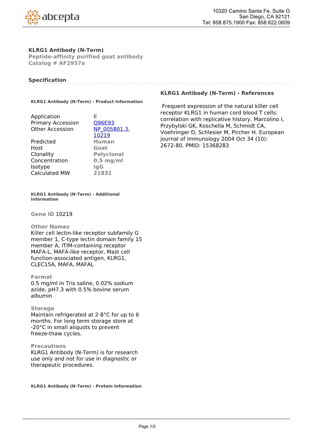 KLRG1 Antibody (N-Term) Peptide-Affinity Purified Goat Antibody Catalog # Af2957a