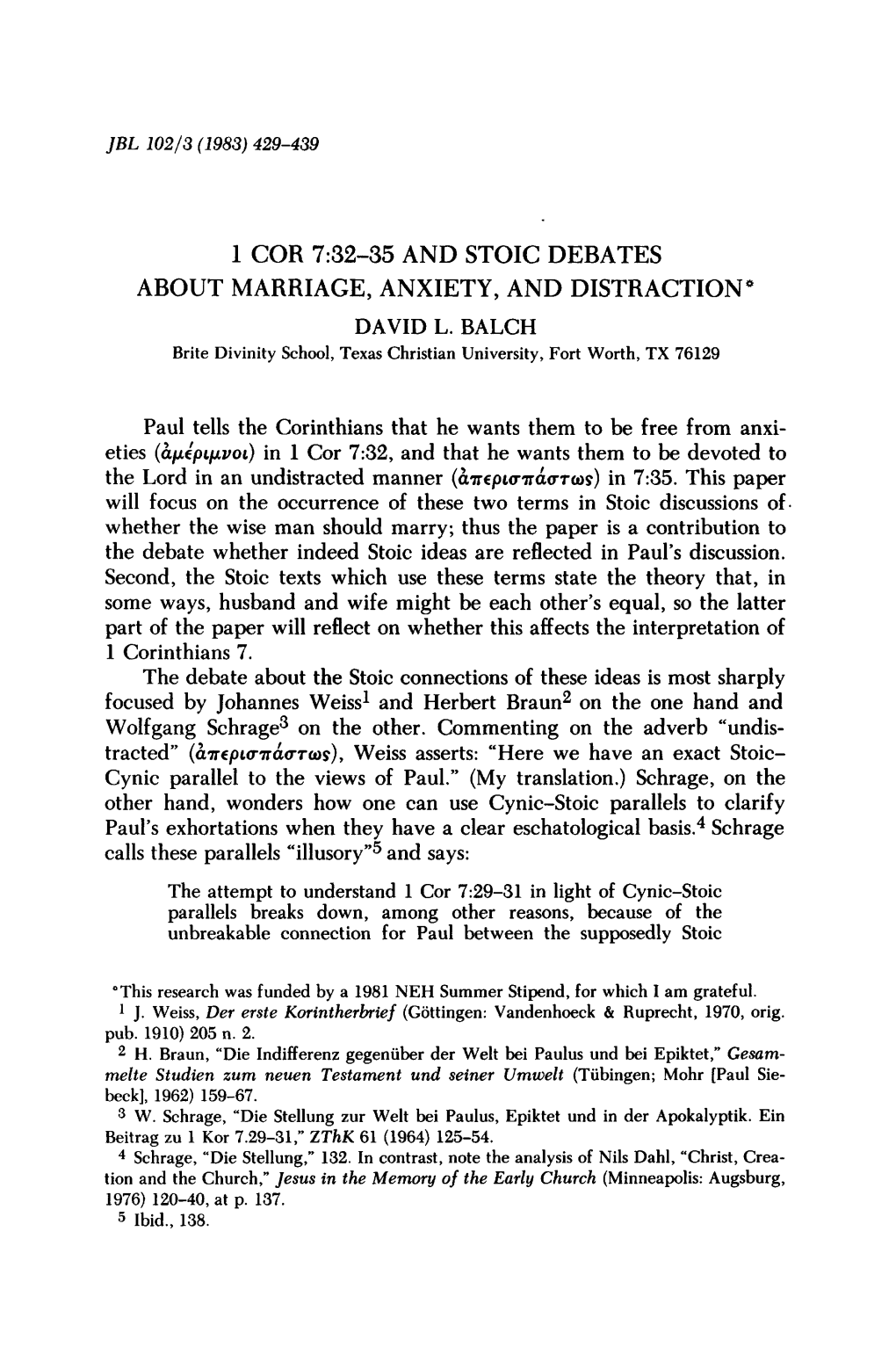 1 Cor 7:32-35 and Stoic Debates About Marriage, Anxiety, and Distraction* David L