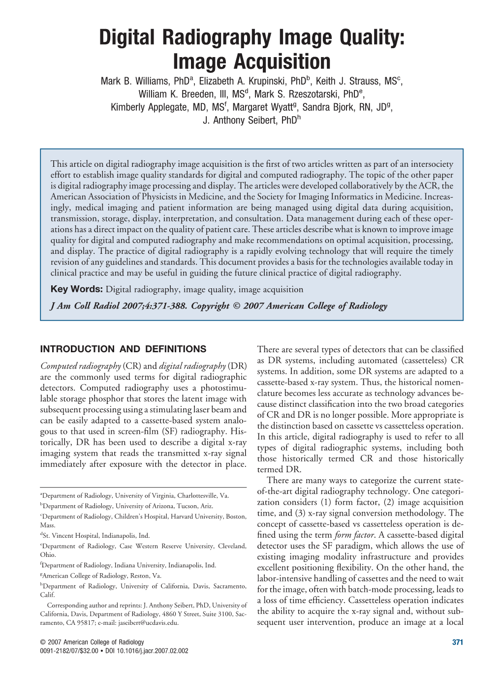 Digital Radiography Image Quality: Image Acquisition Mark B