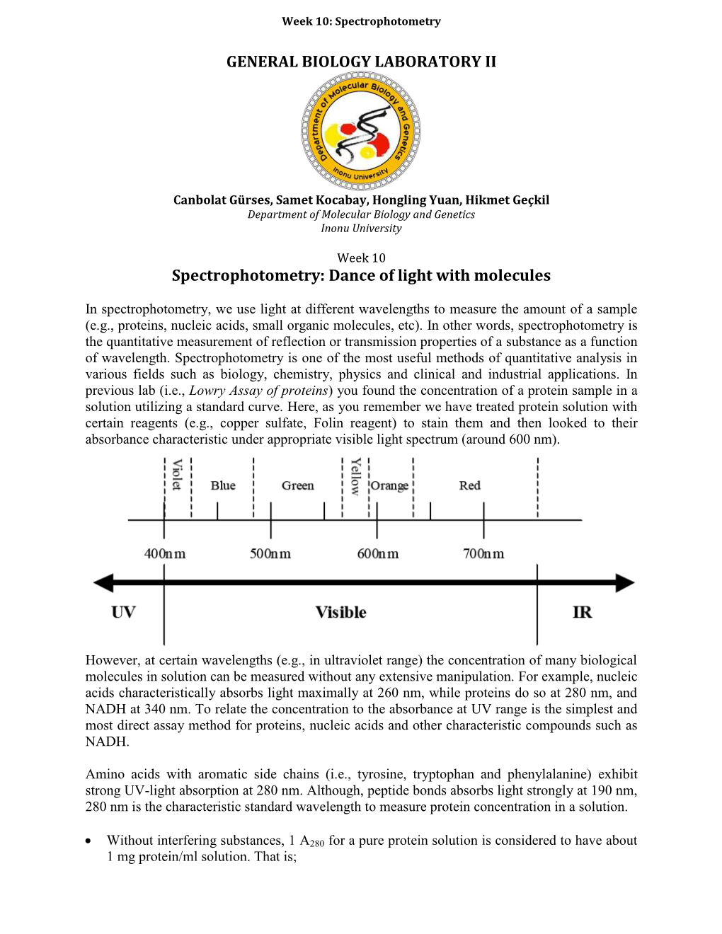 GENERAL BIOLOGY LABORATORY II Spectrophotometry: Dance of Light