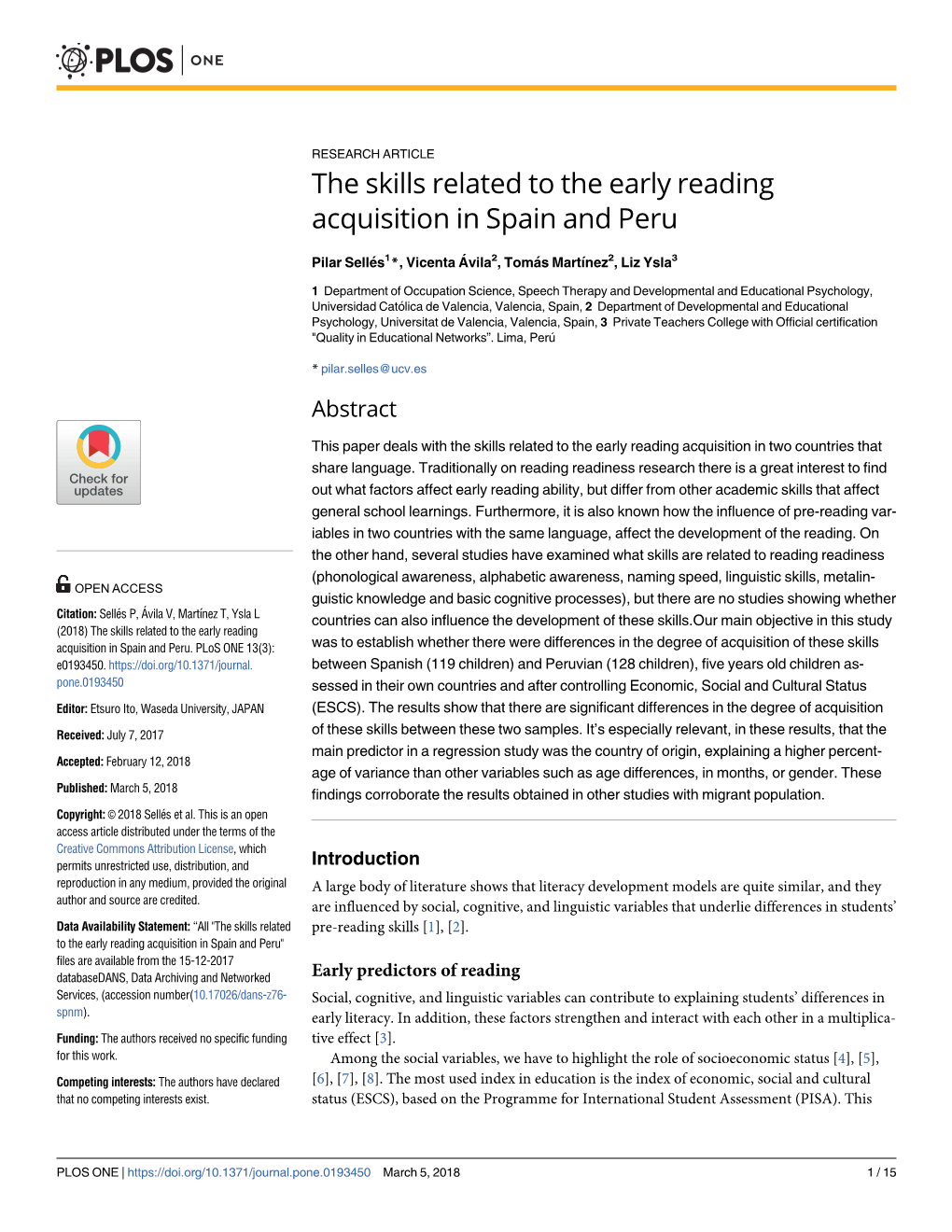 The Skills Related to the Early Reading Acquisition in Spain and Peru