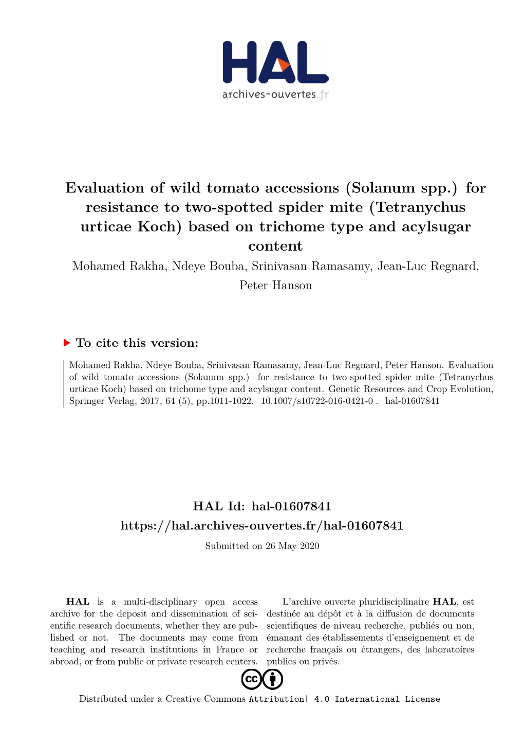 Evaluation of Wild Tomato Accessions (Solanum Spp.)