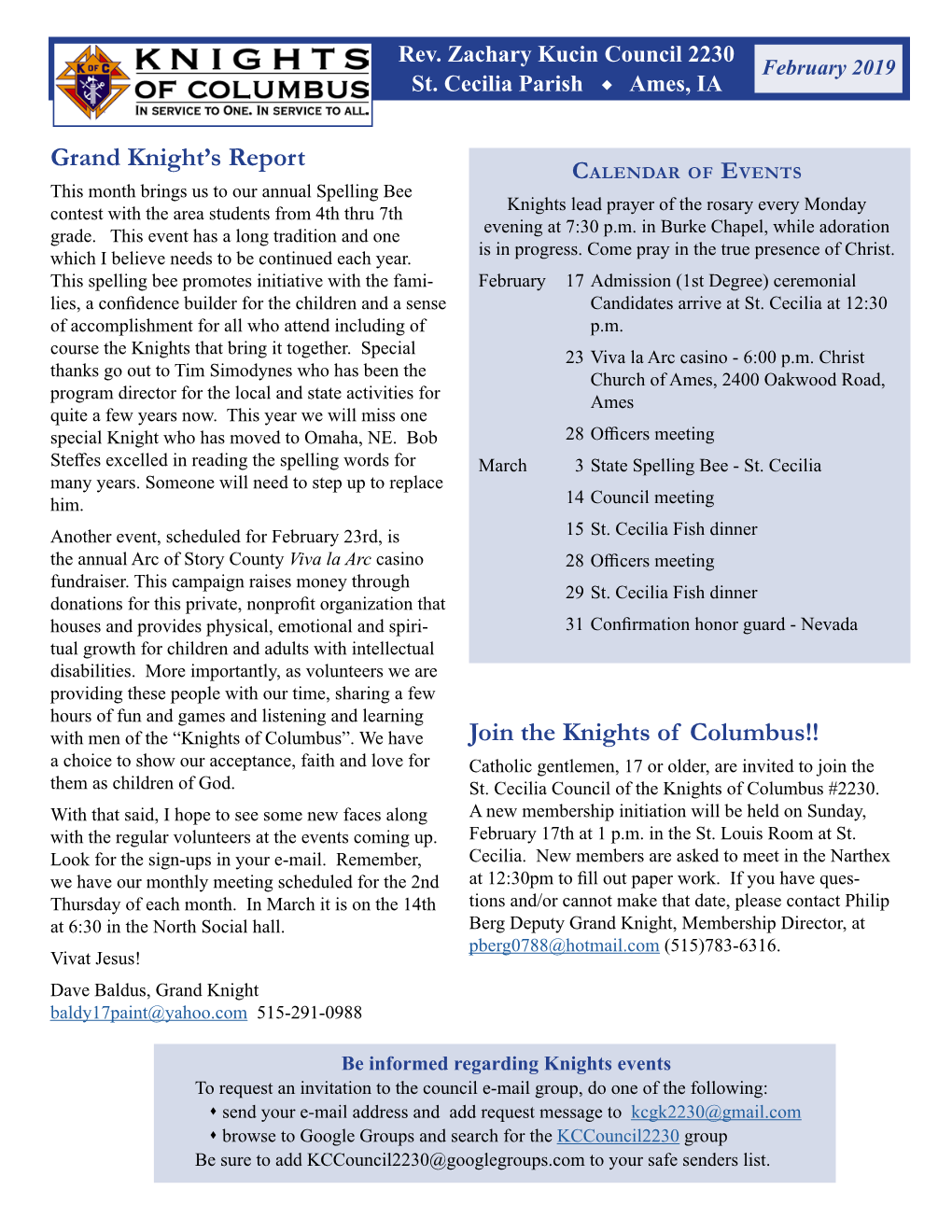 Grand Knight's Report Join the Knights of Columbus!!