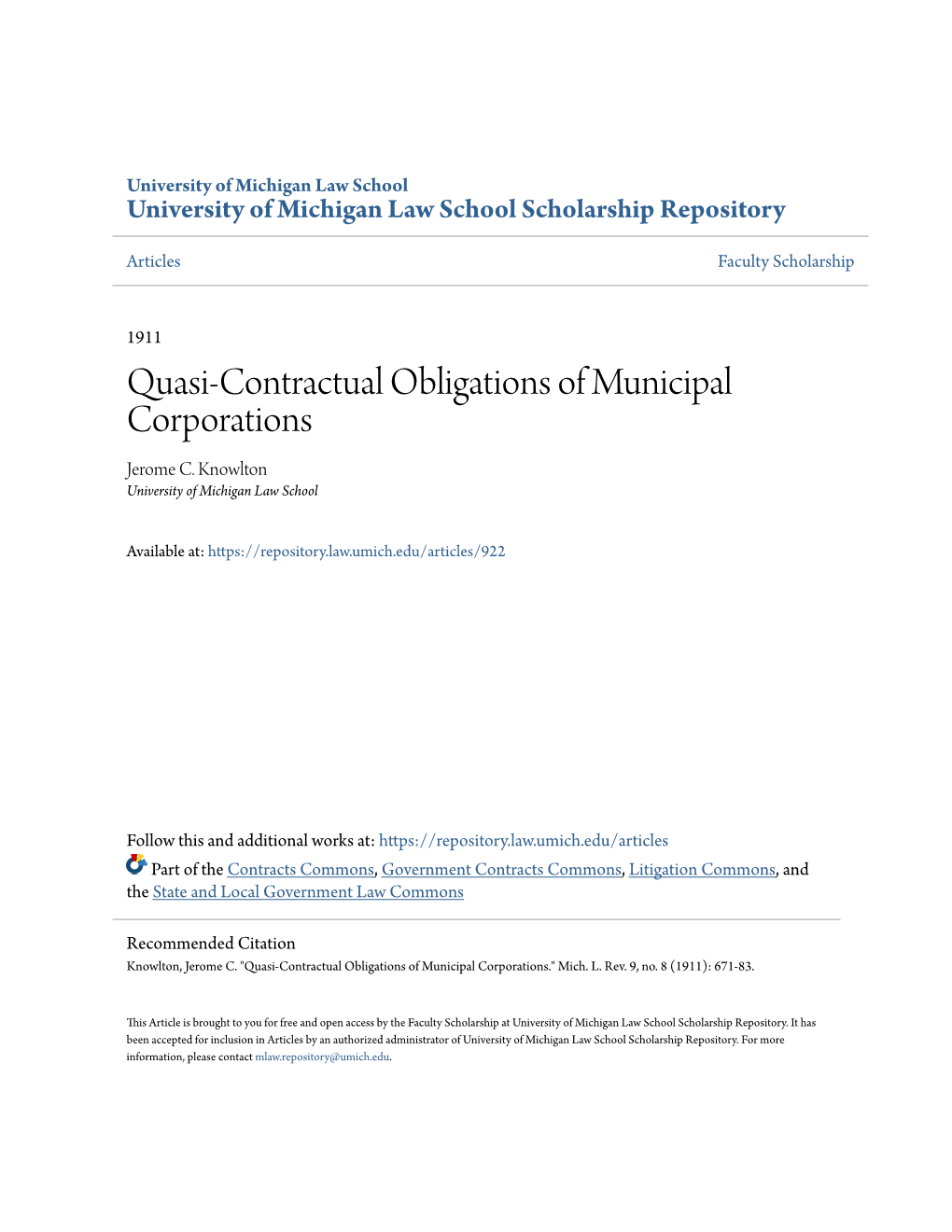 Quasi-Contractual Obligations of Municipal Corporations Jerome C