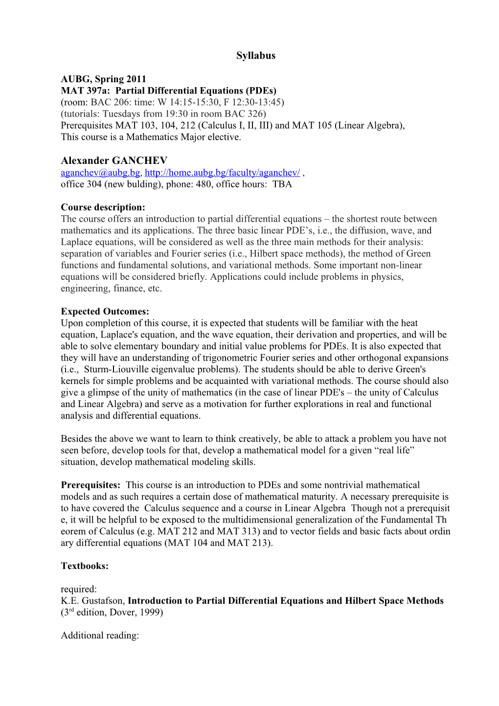 MAT 397A: Partial Differential Equations (Pdes)