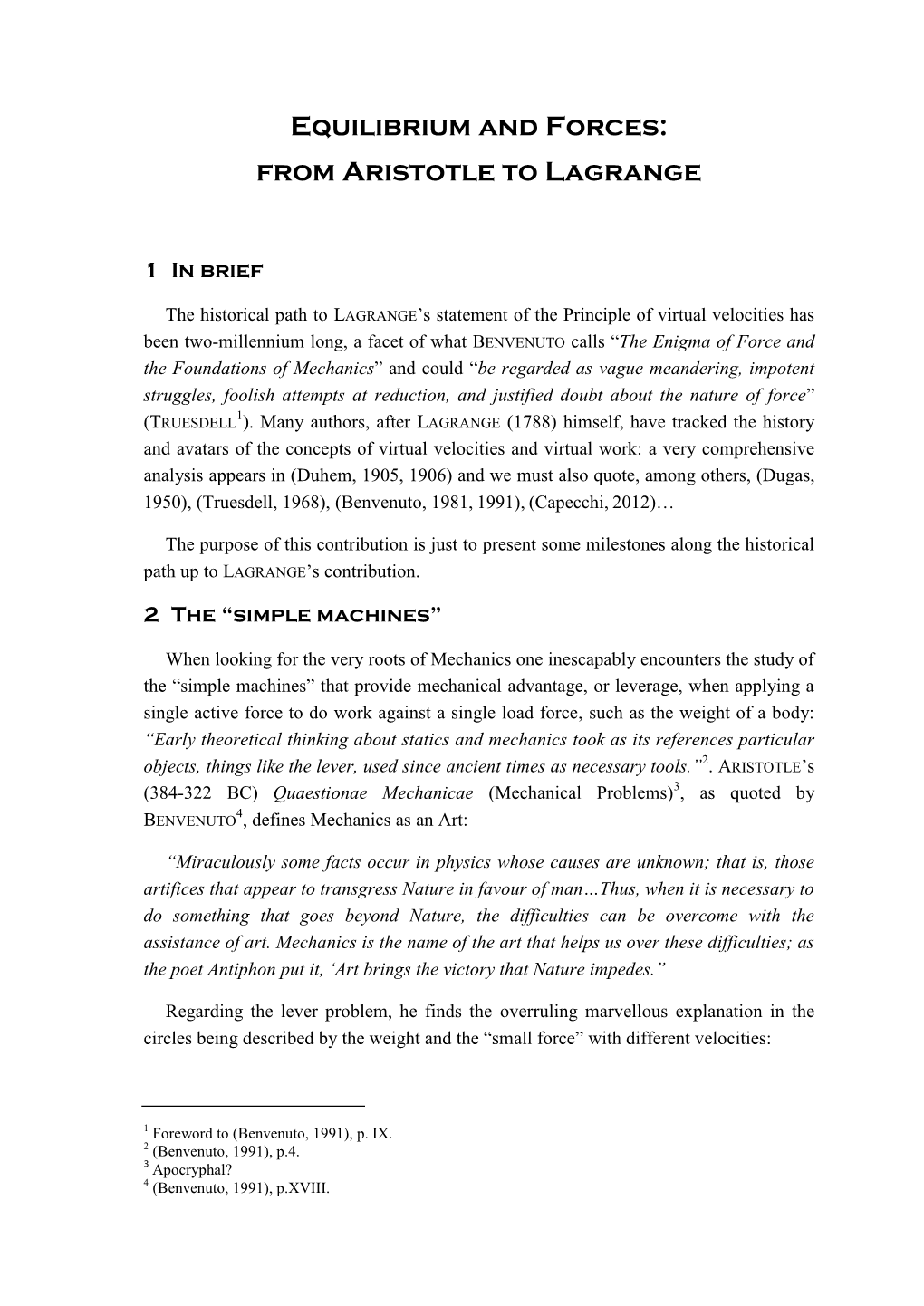 Equilibrium and Forces: from Aristotle to Lagrange