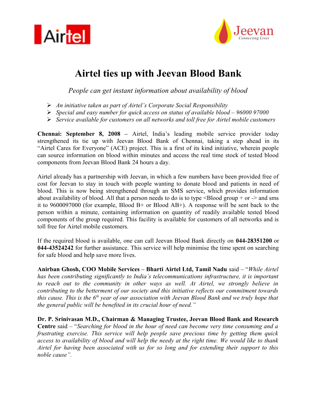 Airtel Ties up with Jeevan Blood Bank