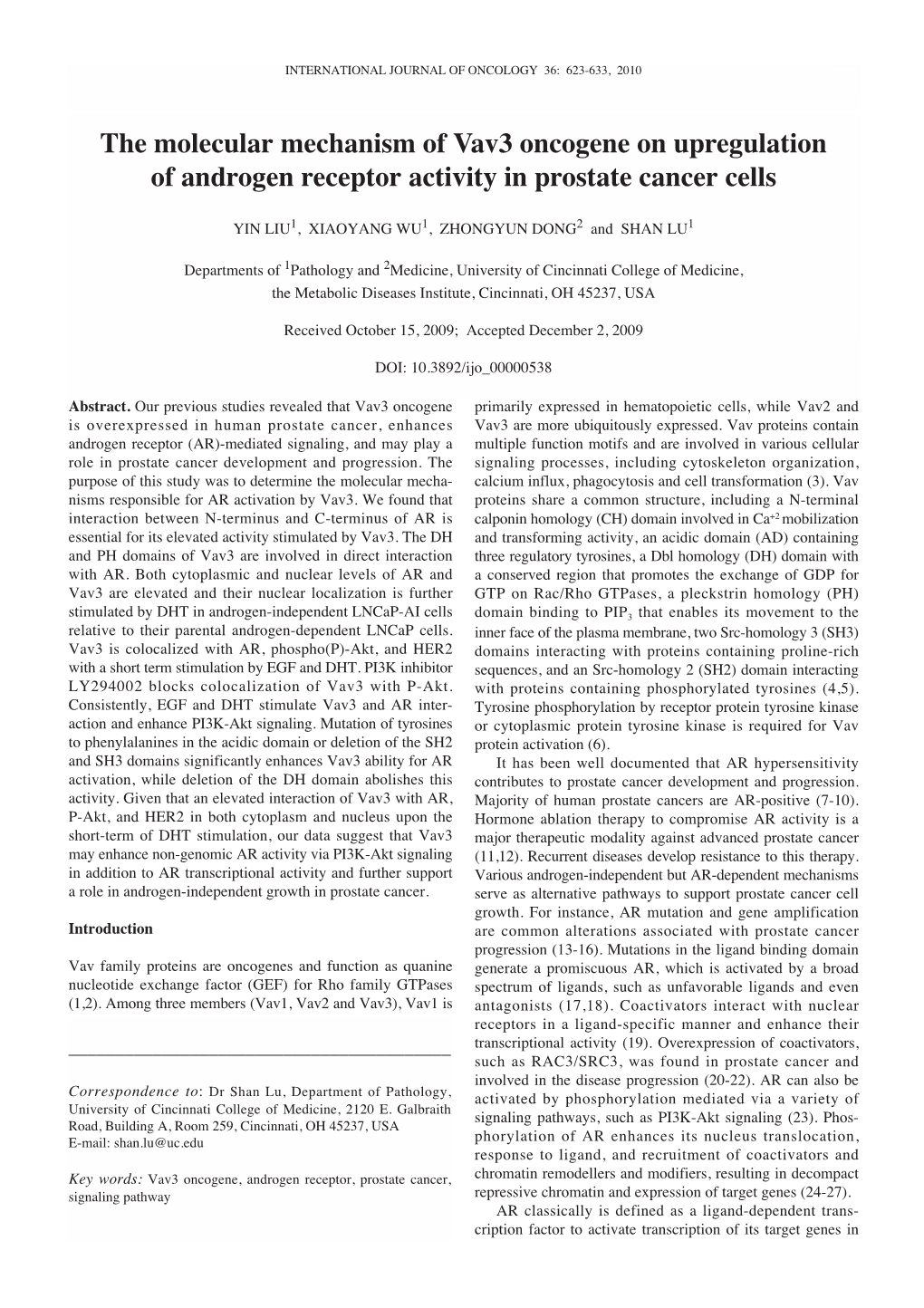 The Molecular Mechanism of Vav3 Oncogene on Upregulation of Androgen Receptor Activity in Prostate Cancer Cells