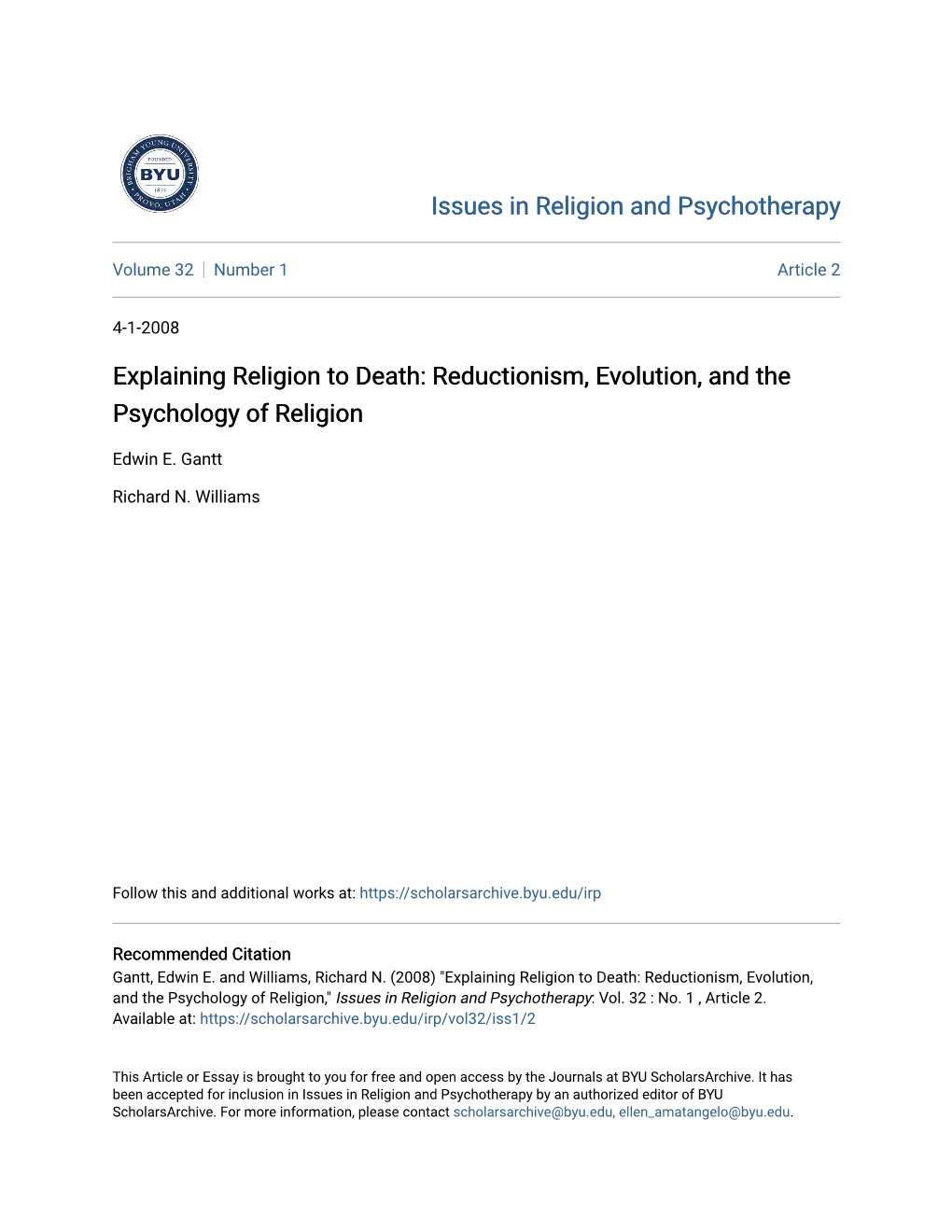 Reductionism, Evolution, and the Psychology of Religion