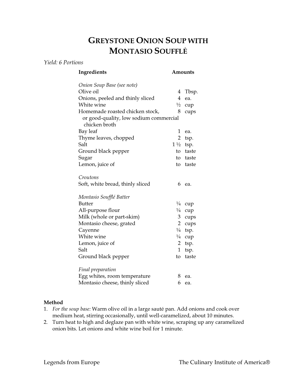 GREYSTONE ONION SOUP with MONTASIO SOUFFLĖ Yield: 6 Portions Ingredients Amounts