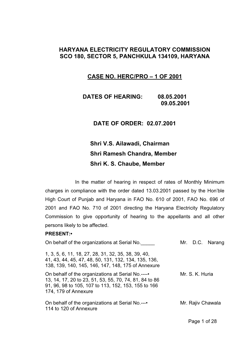 Order on Rates of Monthly Minimum Charges in Compliance with T