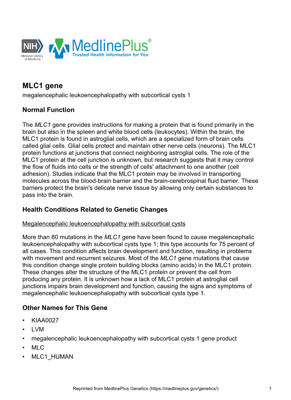 MLC1 Gene Megalencephalic Leukoencephalopathy with Subcortical Cysts 1