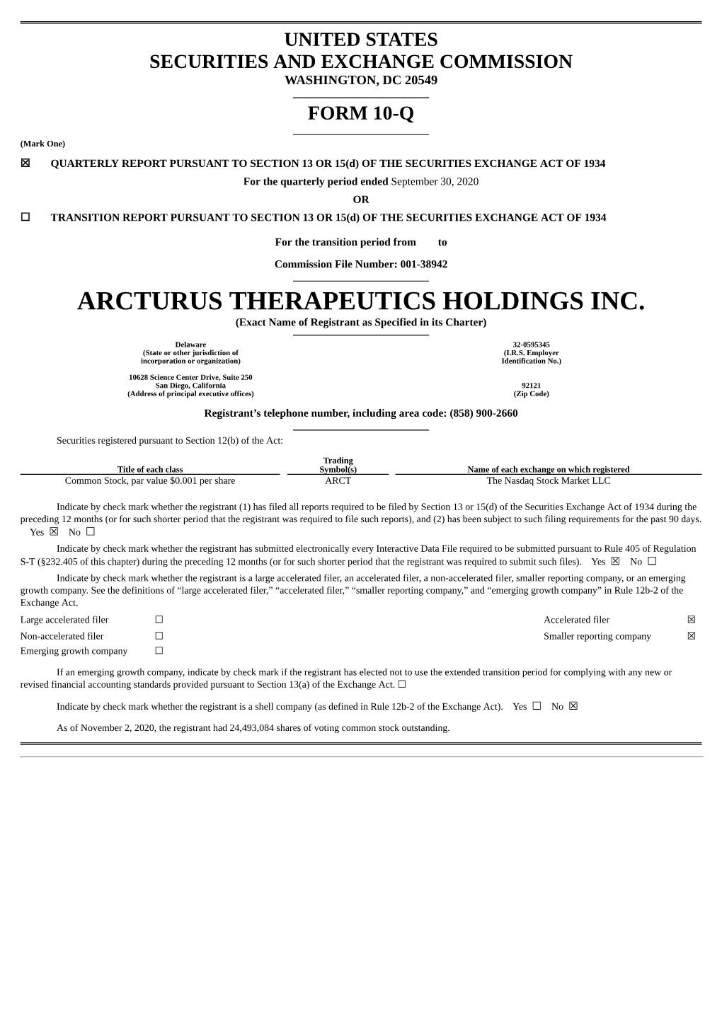 ARCTURUS THERAPEUTICS HOLDINGS INC. (Exact Name of Registrant As Specified in Its Charter)