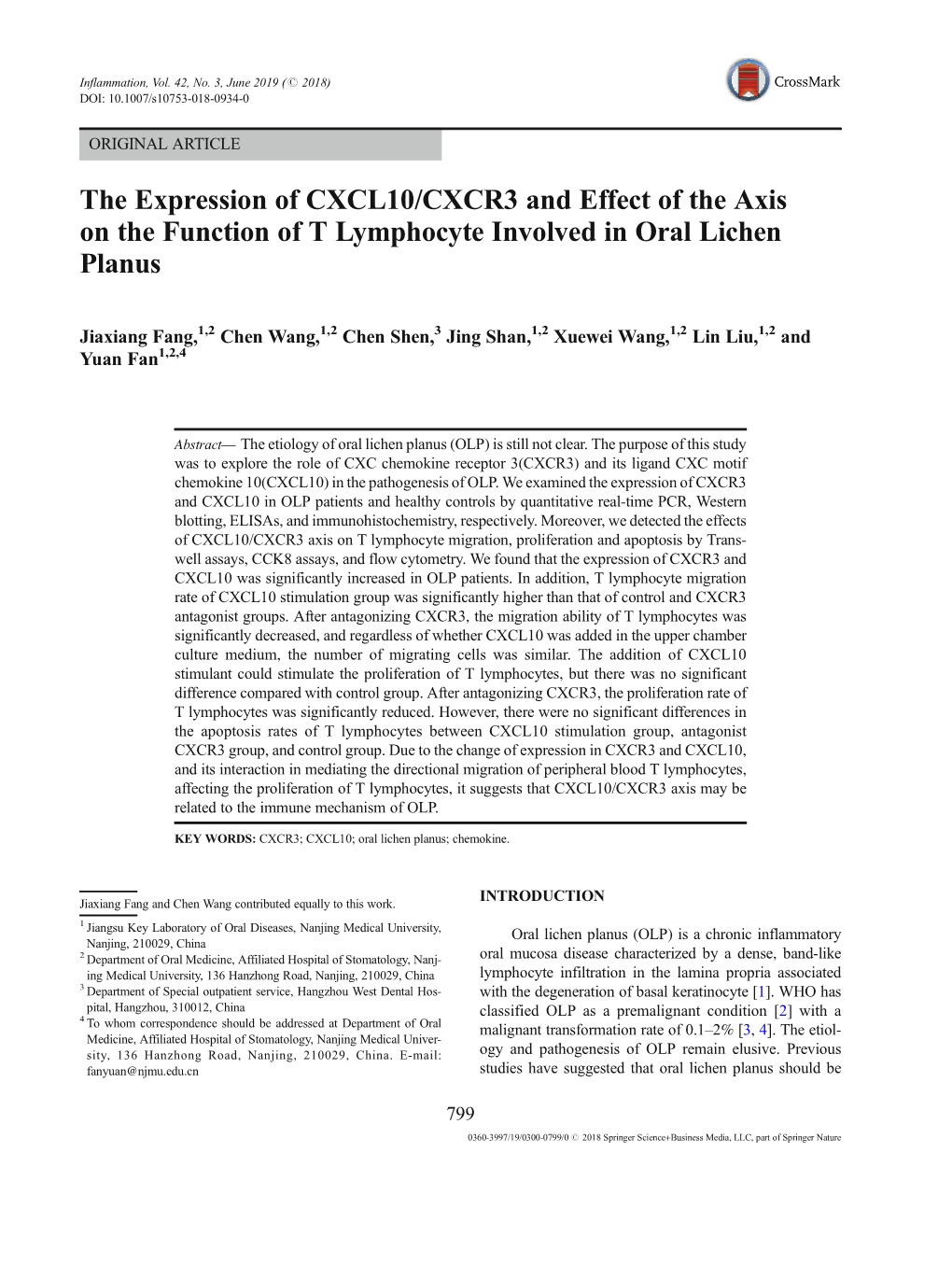 The Expression of CXCL10/CXCR3 and Effect of the Axis on the Function of T Lymphocyte Involved in Oral Lichen Planus