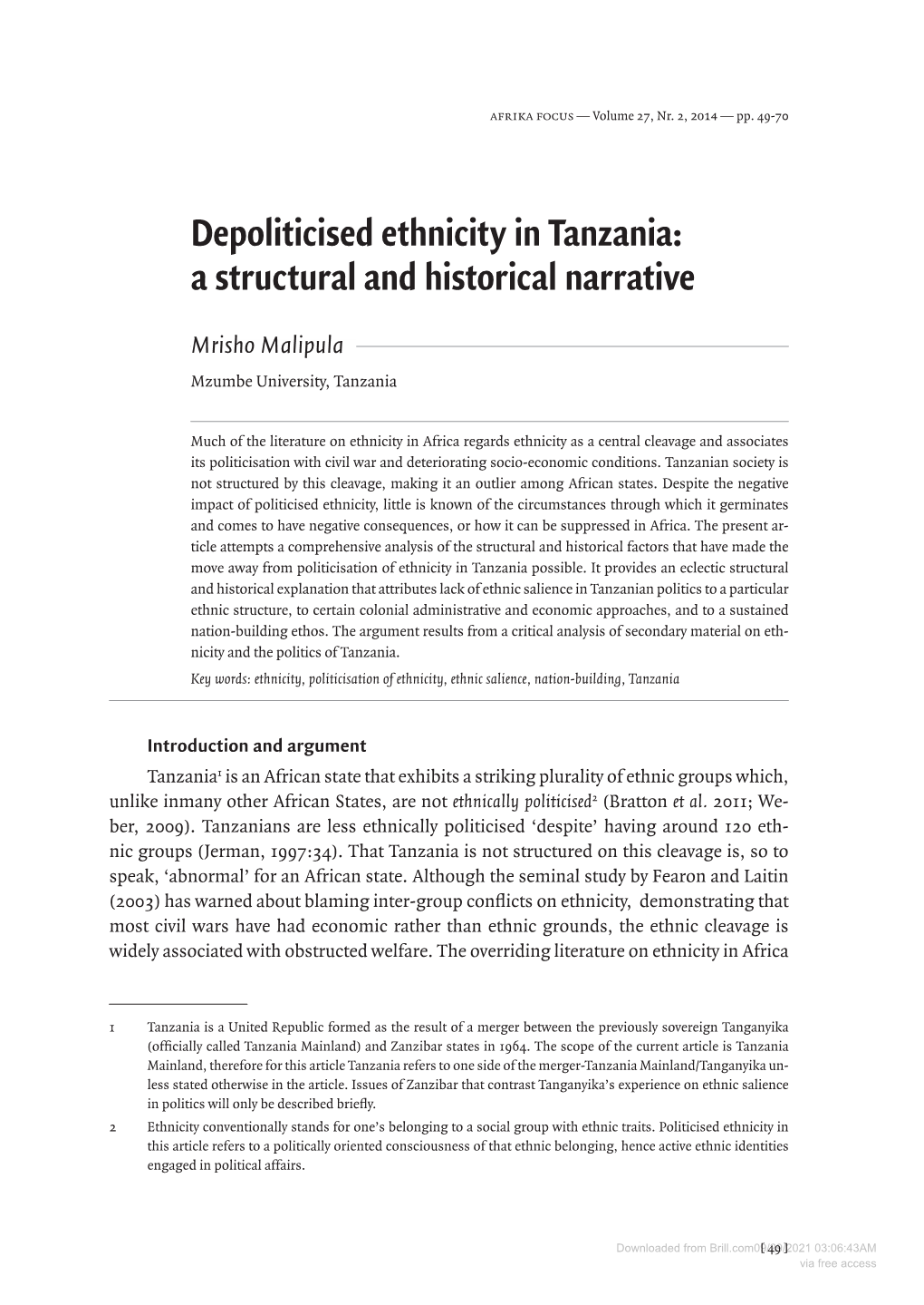 Depoliticised Ethnicity in Tanzania: a Structural and Historical Narrative