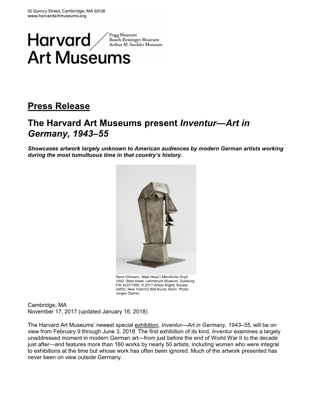 Press Release the Harvard Art Museums Present Inventur—Art In