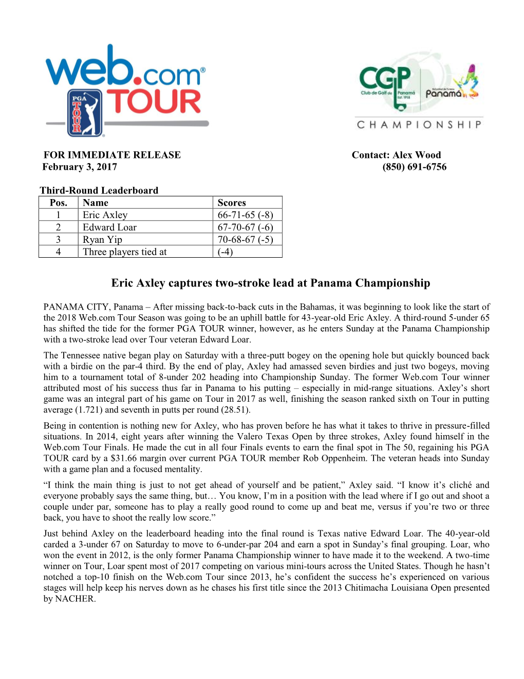 Eric Axley Captures Two-Stroke Lead at Panama Championship