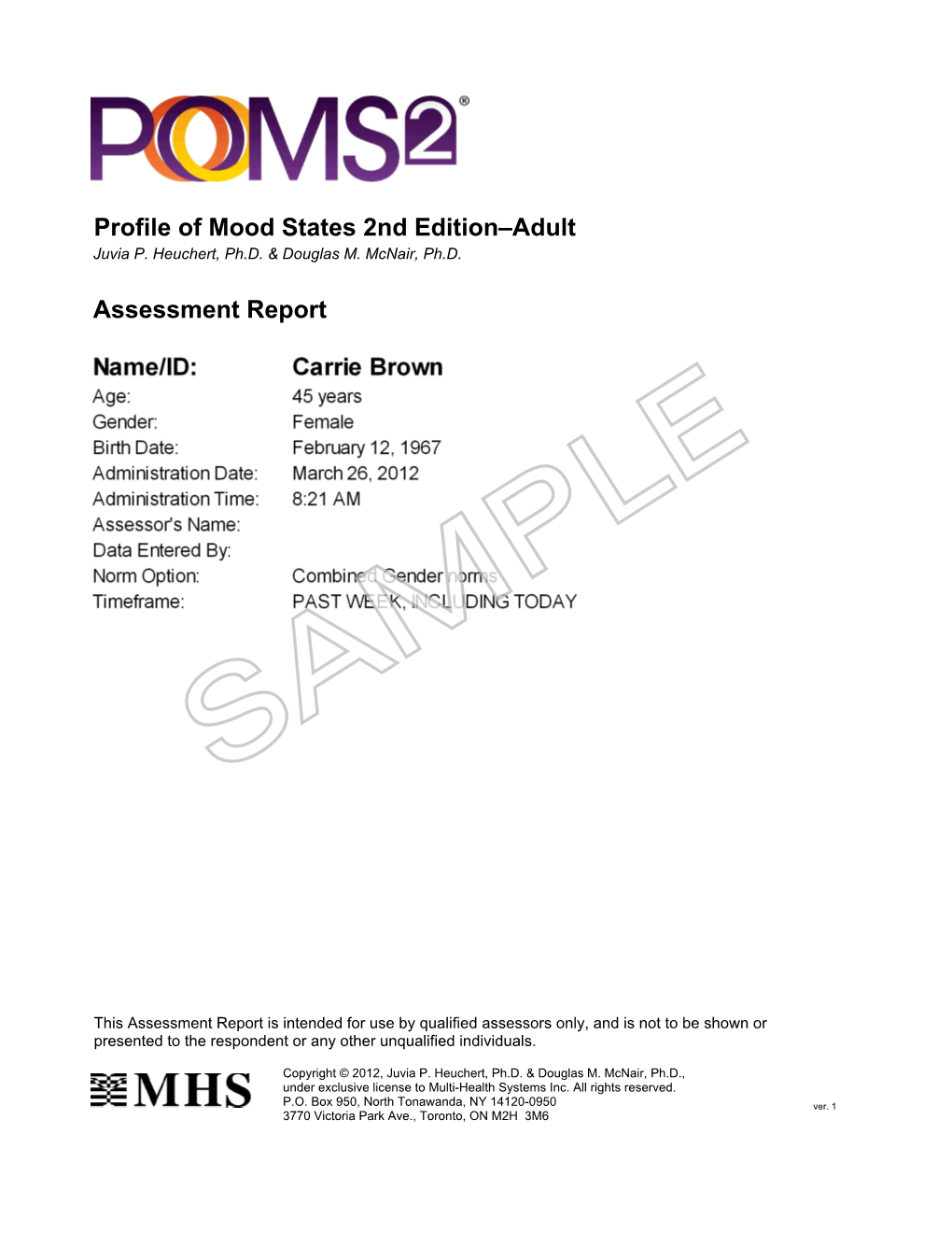 POMS 2 Adult Assessment Report – Sample