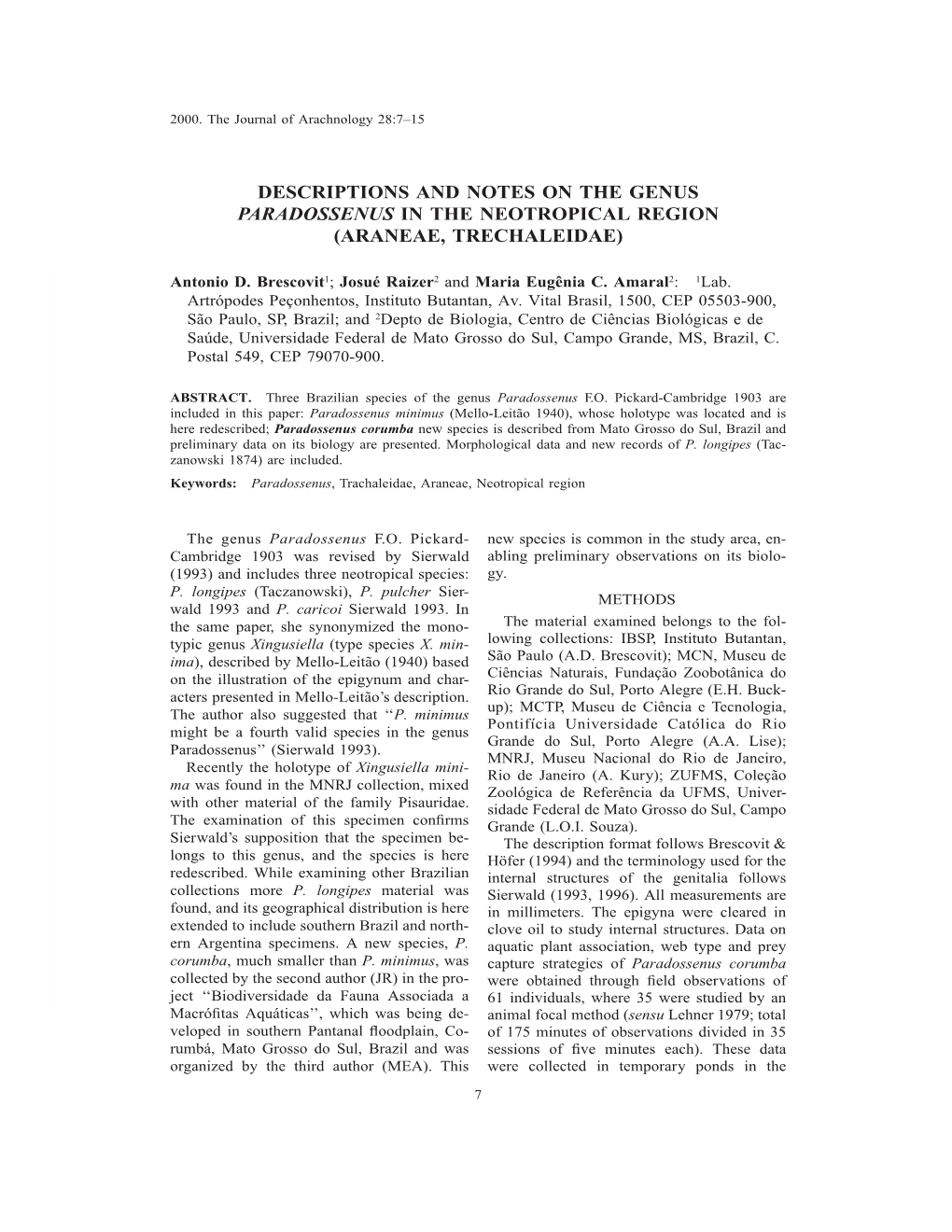 Descriptions and Notes on the Genus Paradossenus in the Neotropical Region (Araneae, Trechaleidae)