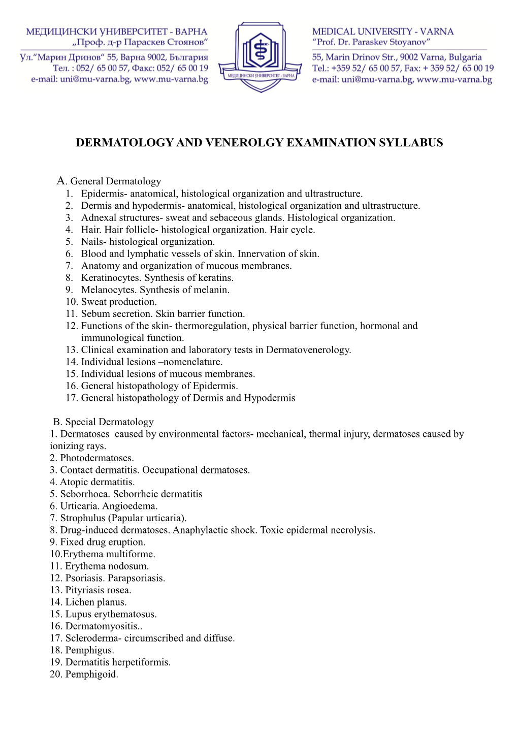 Dermatology and Venerolgy Examination Syllabus