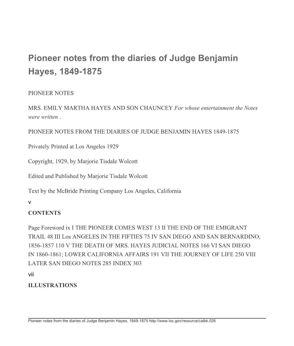 Pioneer Notes from the Diaries of Judge Benjamin Hayes, 1849-1875