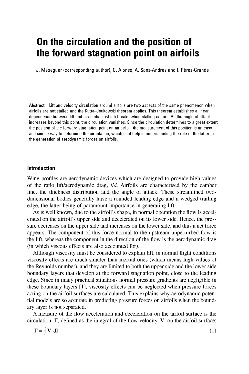 On the Circulation and the Position of the Forward Stagnation Point on Airfoils