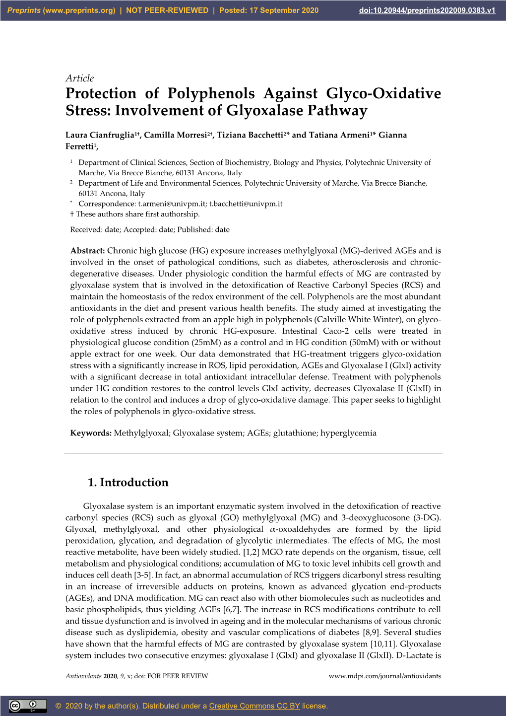 Protection of Polyphenols Against Glyco-Oxidative Stress: Involvement of Glyoxalase Pathway