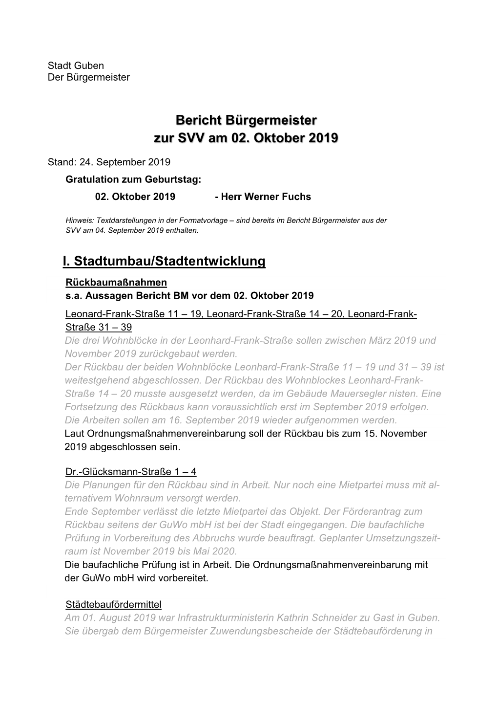 Bericht Bürgermeister Zur SVV Am 02. Oktober 2019