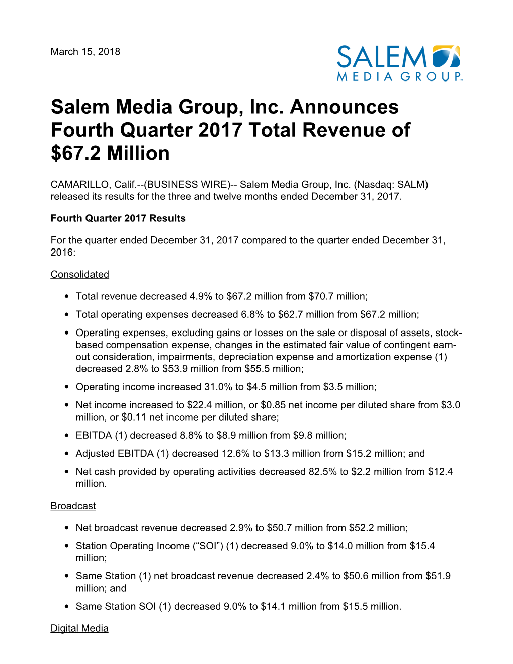 Salem Media Group, Inc. Announces Fourth Quarter 2017 Total Revenue of $67.2 Million