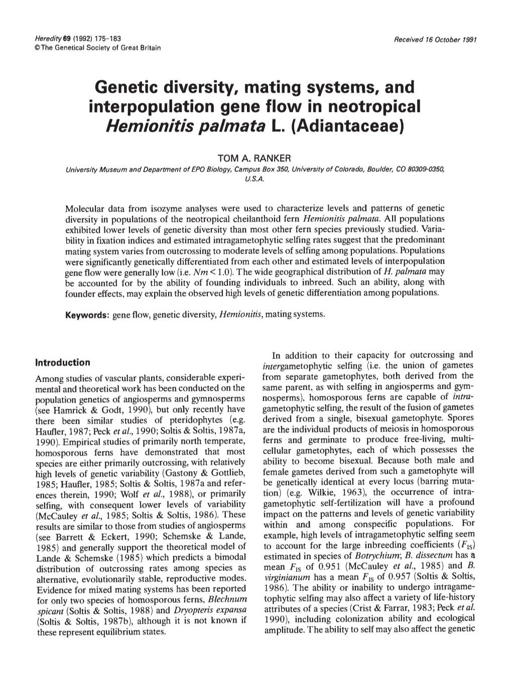 Interpopulation Gene Flow in Neotropical Hemionitis Palmata L