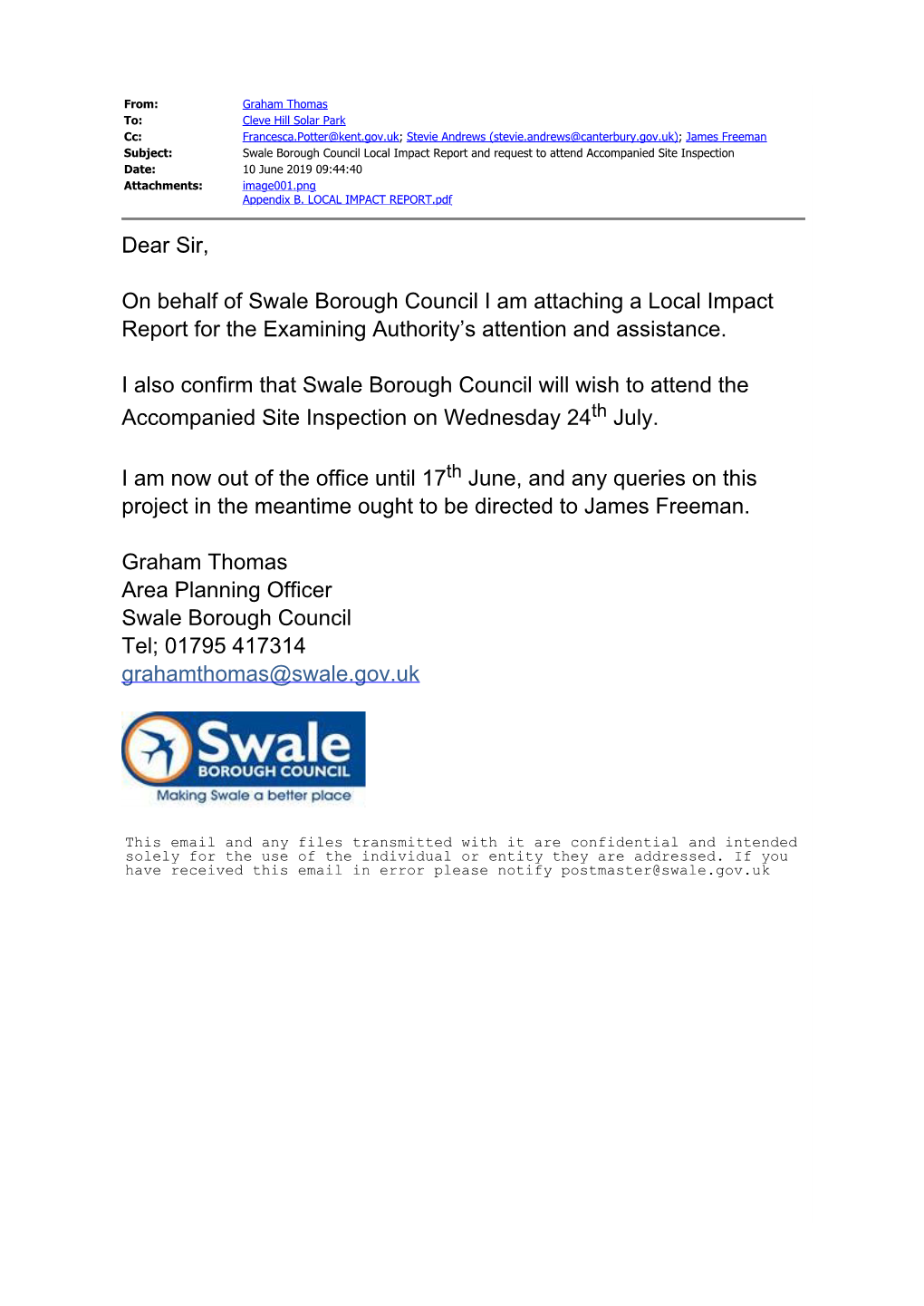 Dear Sir, on Behalf of Swale Borough Council I Am Attaching a Local