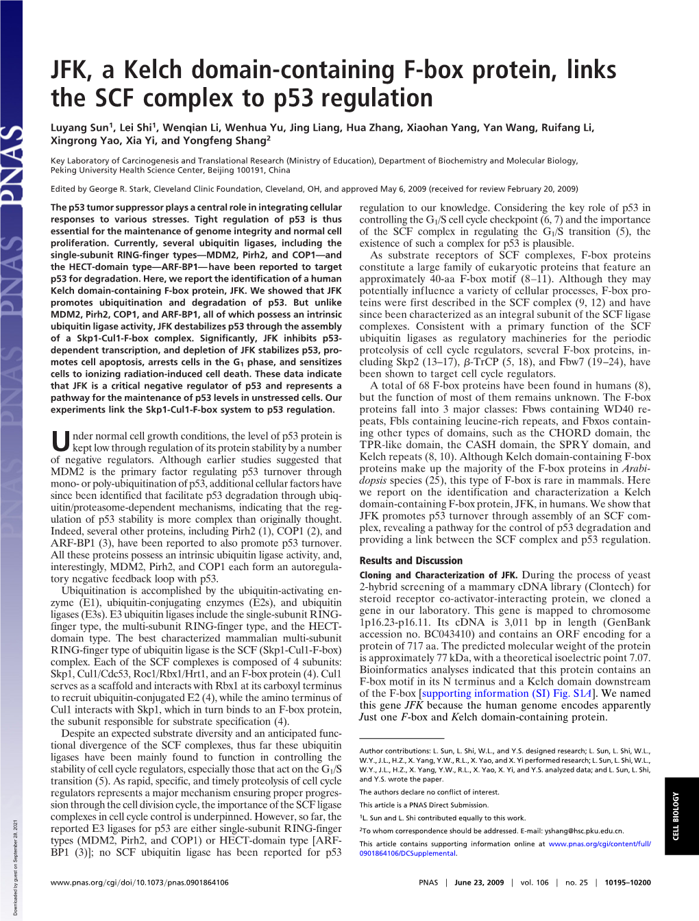 JFK, a Kelch Domain-Containing F-Box Protein, Links the SCF Complex to P53 Regulation