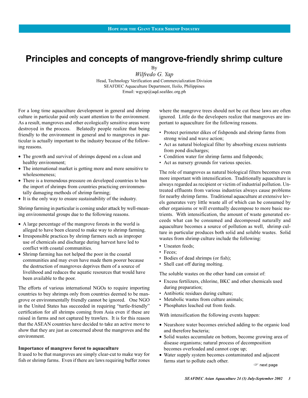 Principles and Concepts of Mangrove-Friendly Shrimp Culture by Wilfredo G