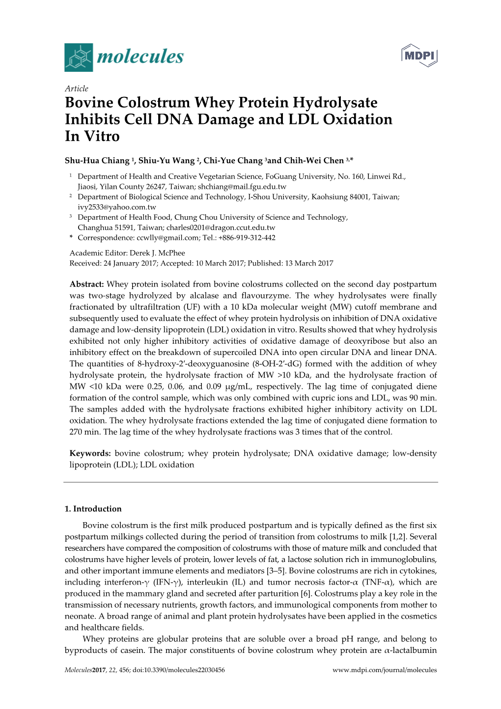 Bovine Colostrum Whey Protein Hydrolysate Inhibits Cell DNA Damage and LDL Oxidation in Vitro