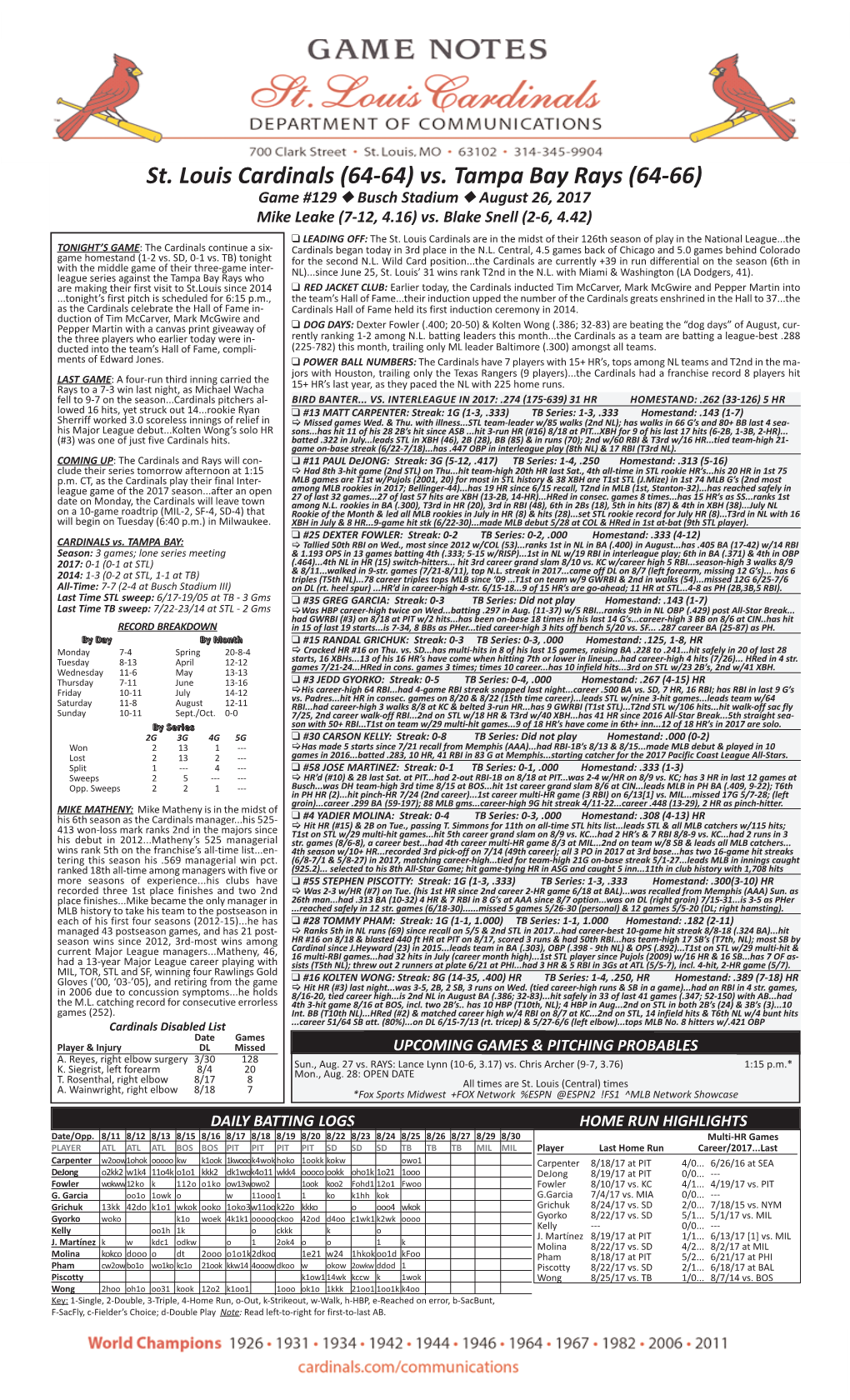 St. Louis Cardinals (64-64) Vs. Tampa Bay Rays (64-66) Game #129 N Busch Stadium N August 26, 2017 Mike Leake (7-12, 4.16) Vs