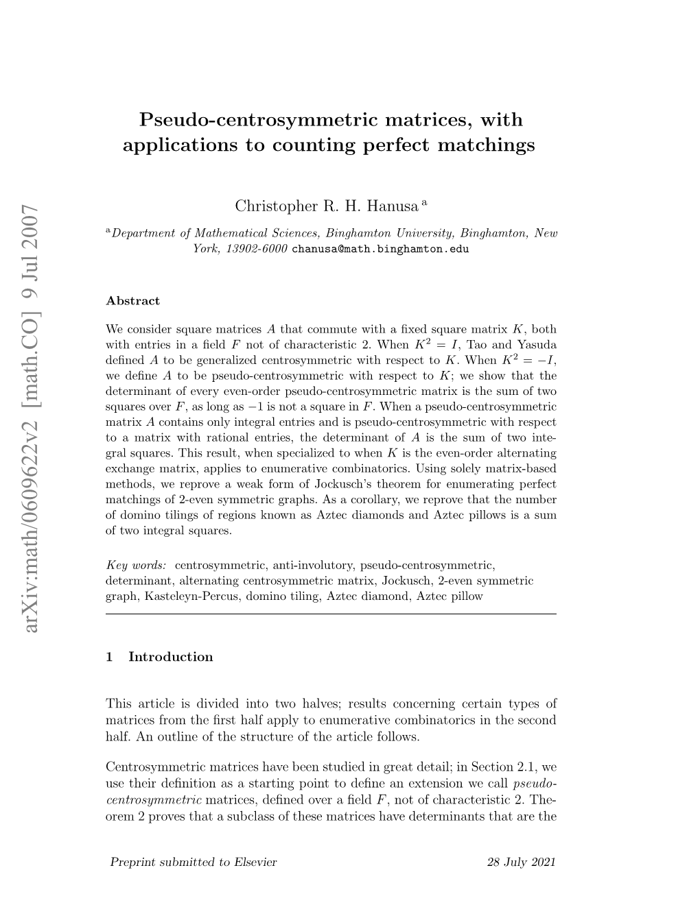 Pseudo-Centrosymmetric Matrices, with Applications to Counting Perfect