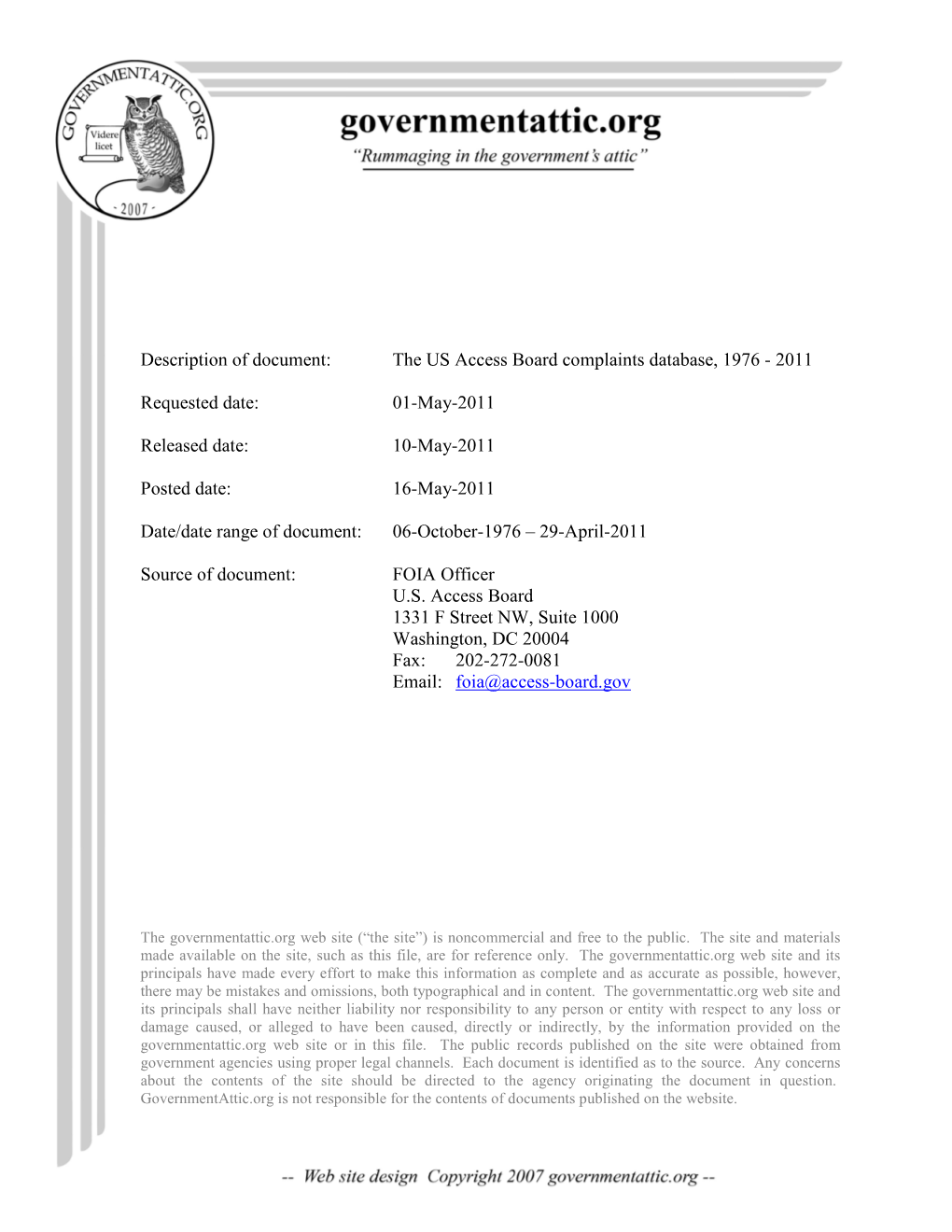 The US Access Board Complaints Database, 1976 - 2011