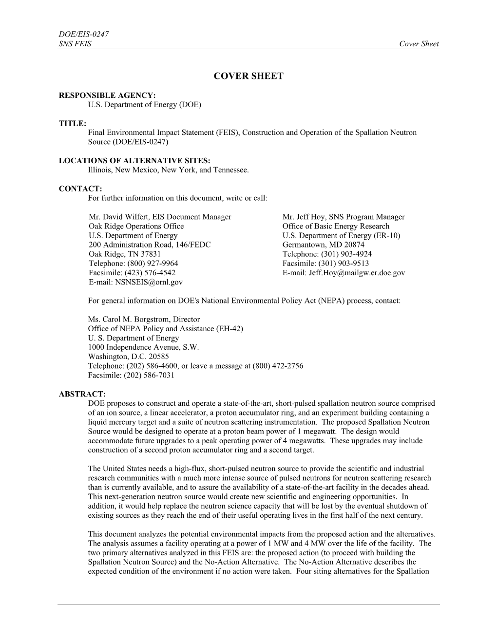 Final Environmental Impact Statement Construction and Operation of The