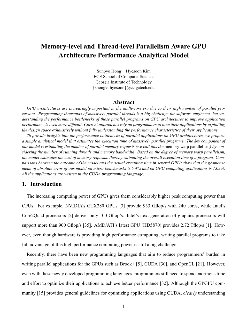 Memory-Level and Thread-Level Parallelism Aware GPU Architecture Performance Analytical Model