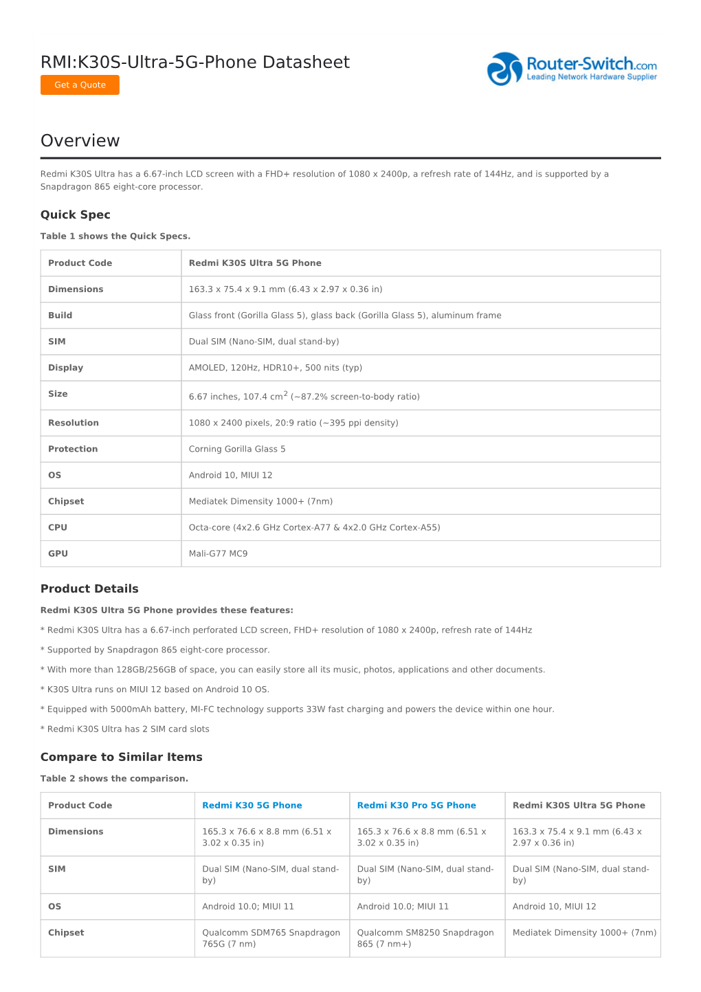 RMI:K30S-Ultra-5G-Phone Datasheet Overview