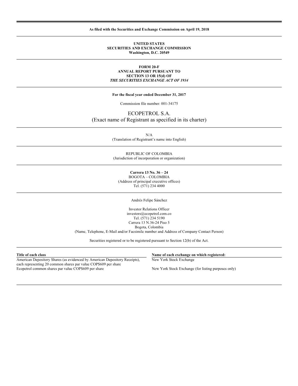 ECOPETROL S.A. (Exact Name of Registrant As Specified in Its Charter)