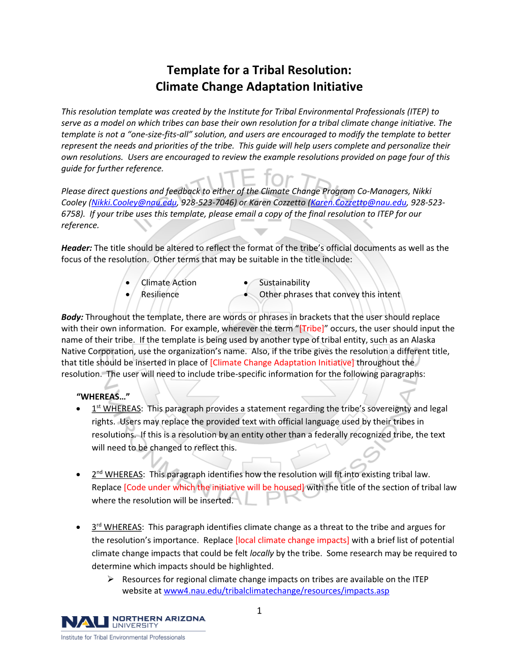 Template for a Tribal Resolution: Climate Change Adaptation Initiative