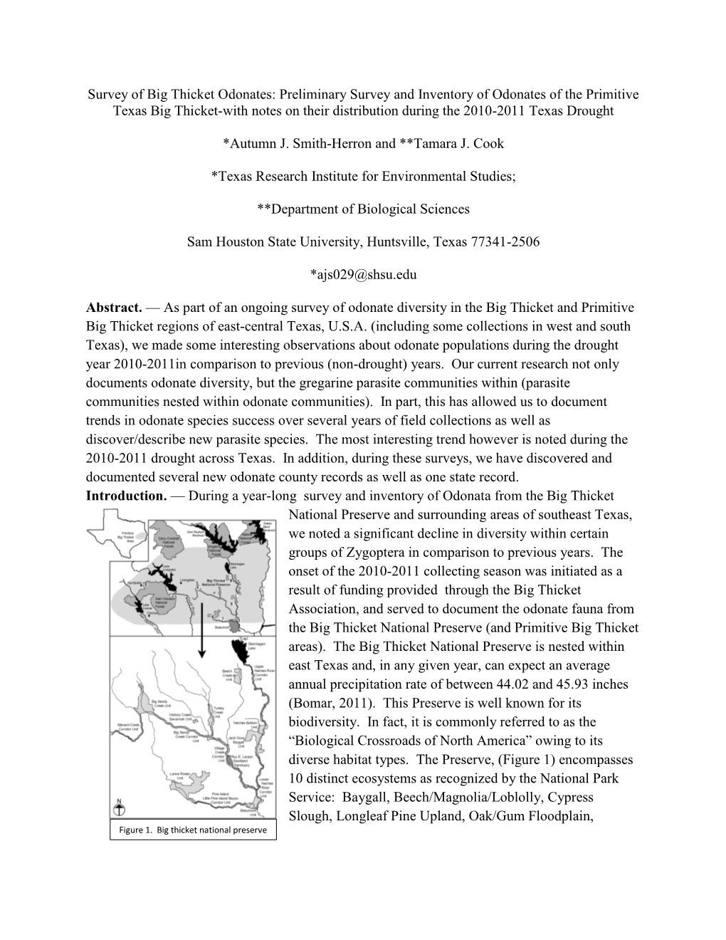 Preliminary Survey and Inventory of Odonates of the Primitive Texas Big Thicket-With Notes on Their Distribution During the 2010-2011 Texas Drought