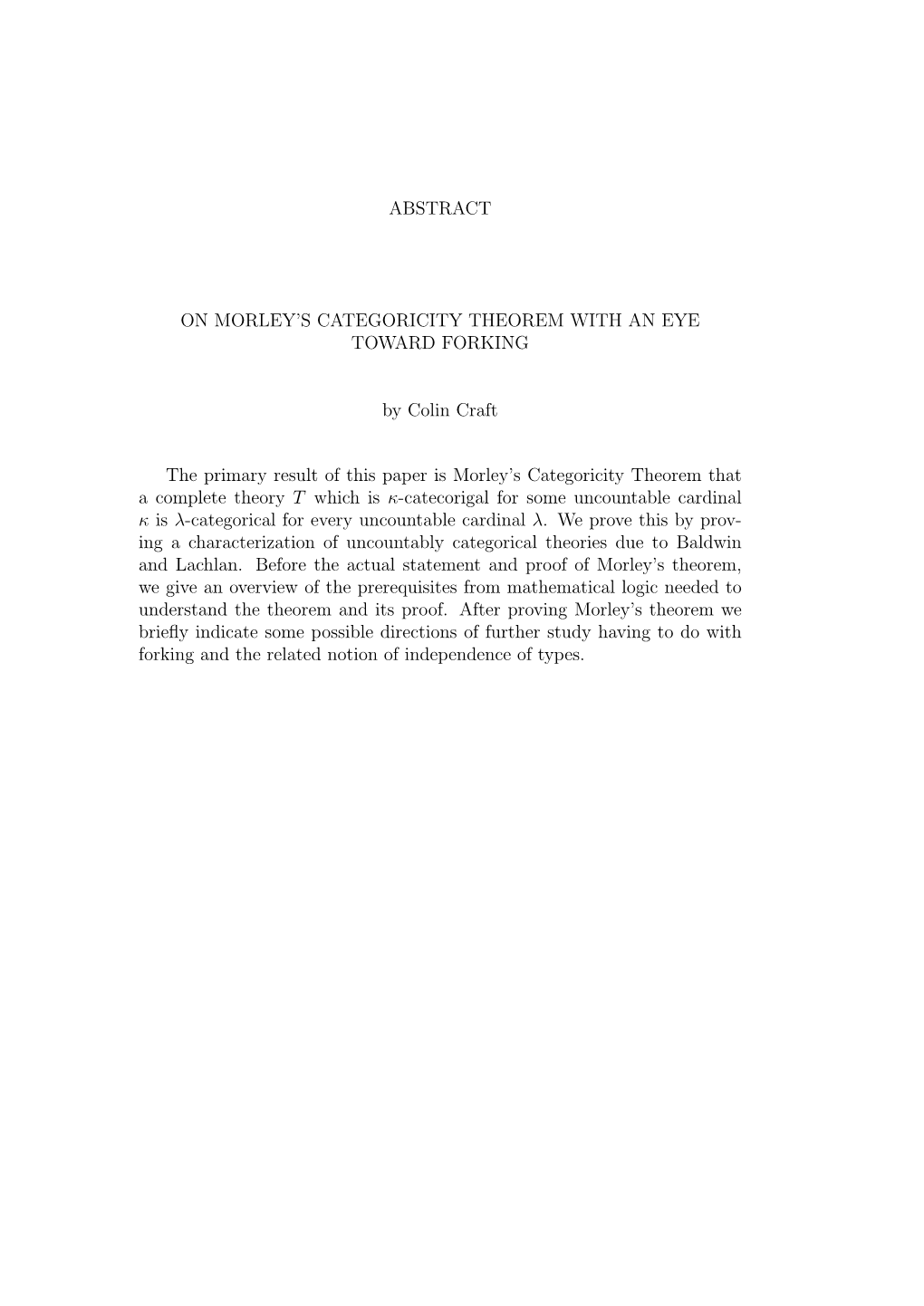 Abstract on Morley's Categoricity Theorem With