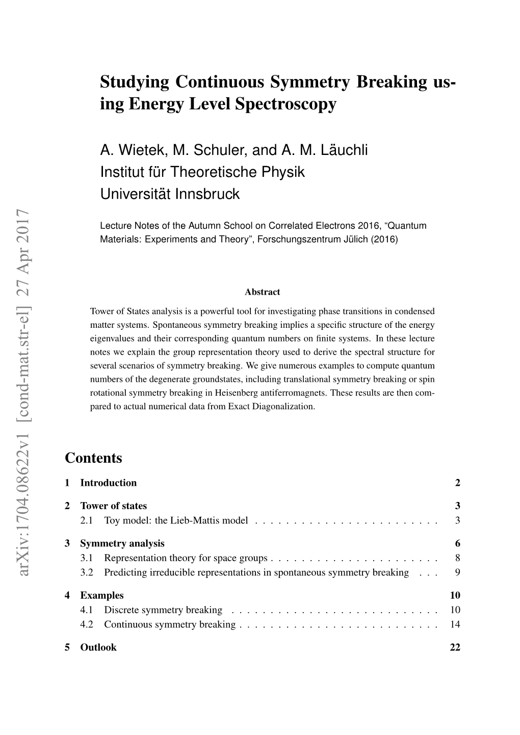 Studying Continuous Symmetry Breaking Us- Ing Energy Level Spectroscopy