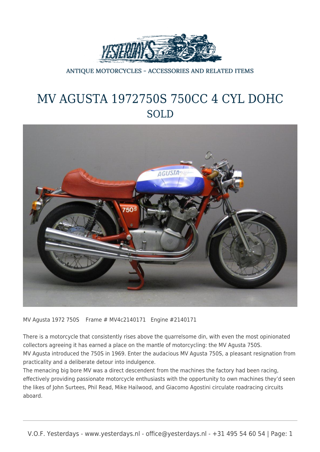 Mv Agusta 1972750S 750Cc 4 Cyl Dohc Sold