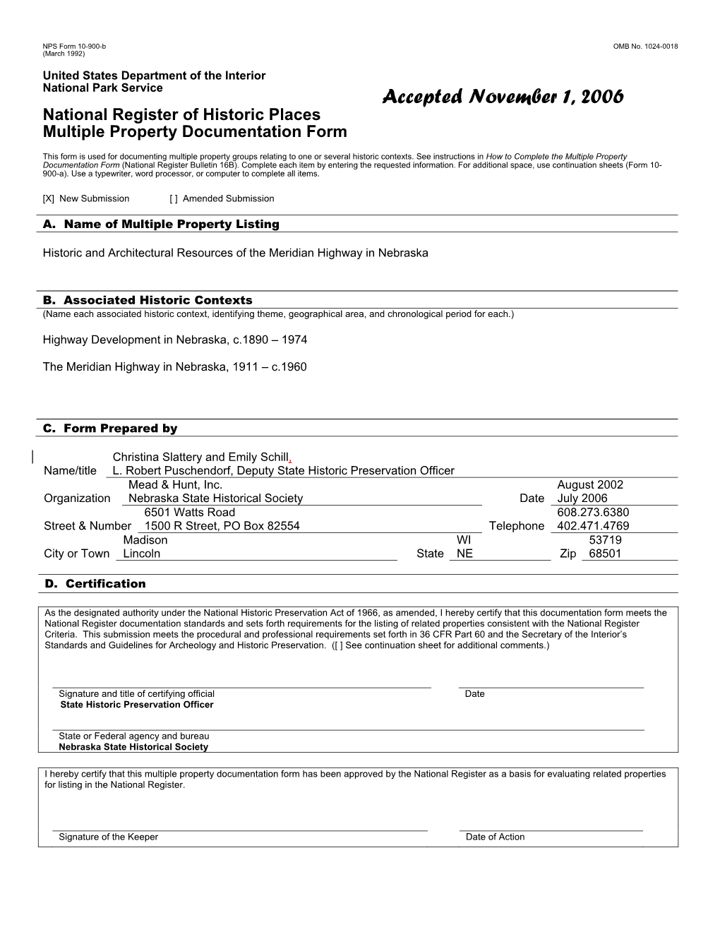 Accepted November 1, 2006 National Register of Historic Places Multiple Property Documentation Form