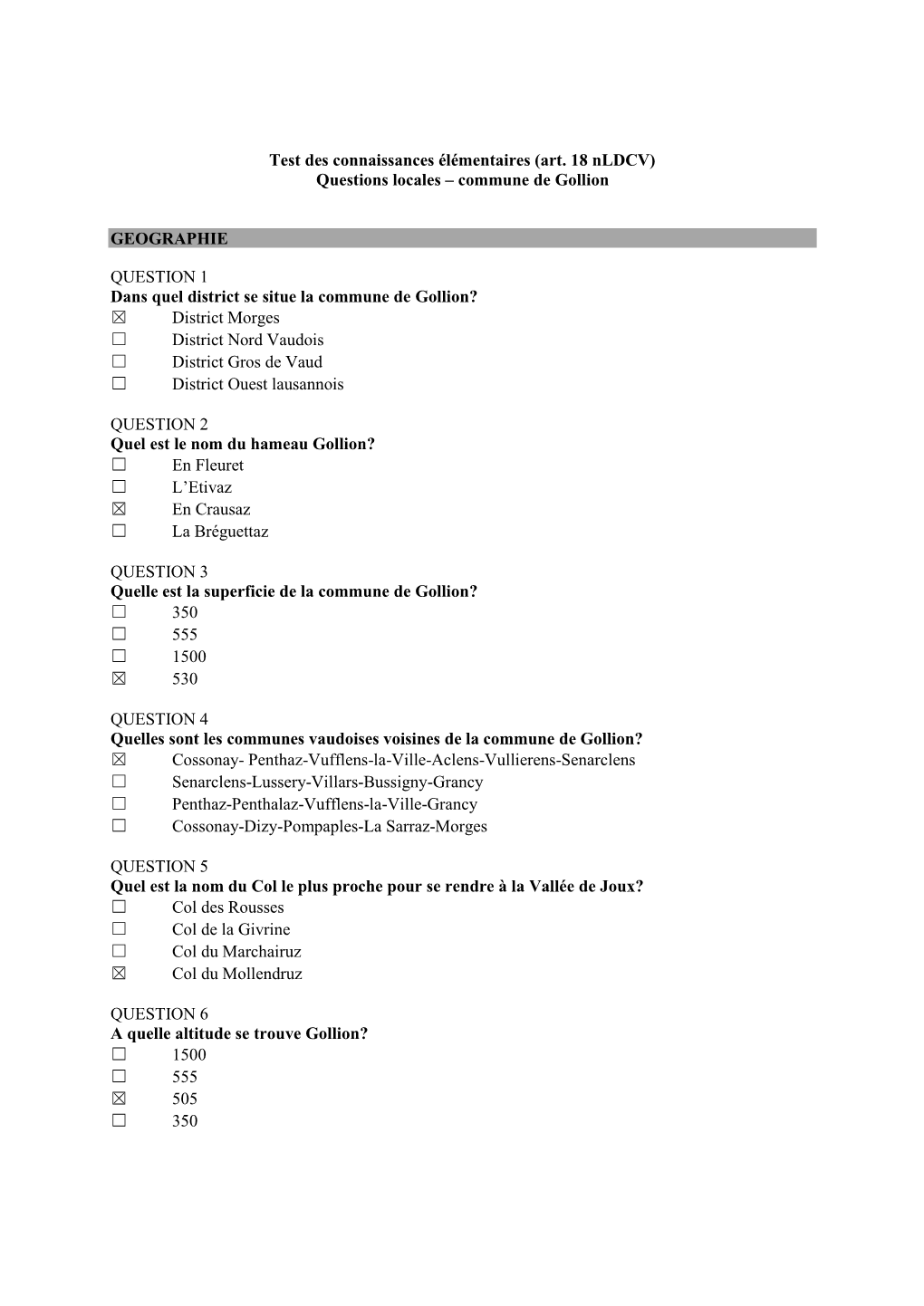 Test Des Connaissances Élémentaires (Art. 18 Nldcv) Questions Locales – Commune De Gollion