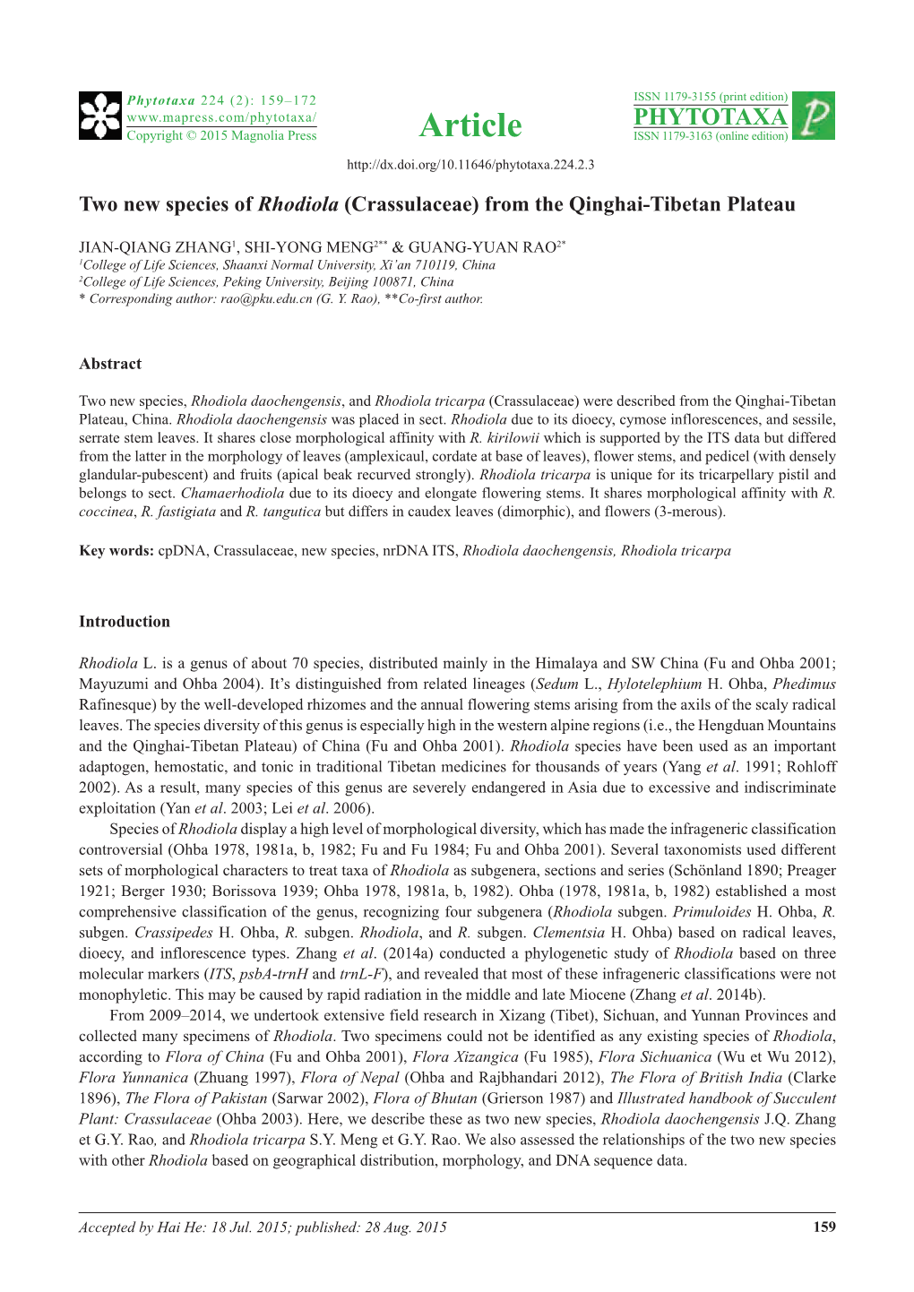 Two New Species of Rhodiola (Crassulaceae) from the Qinghai-Tibetan Plateau